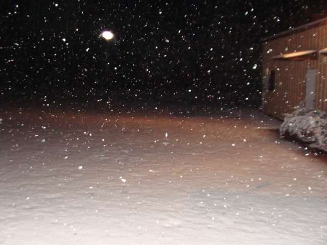 A snow covered yard at night with a light shining on it.
