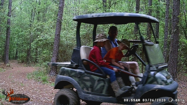 A group of people riding in a golf cart through the woods.
