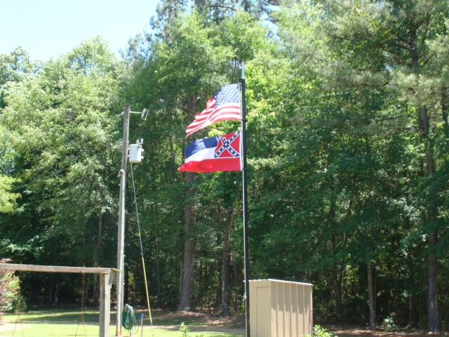 Two flags flying in a wooded area.