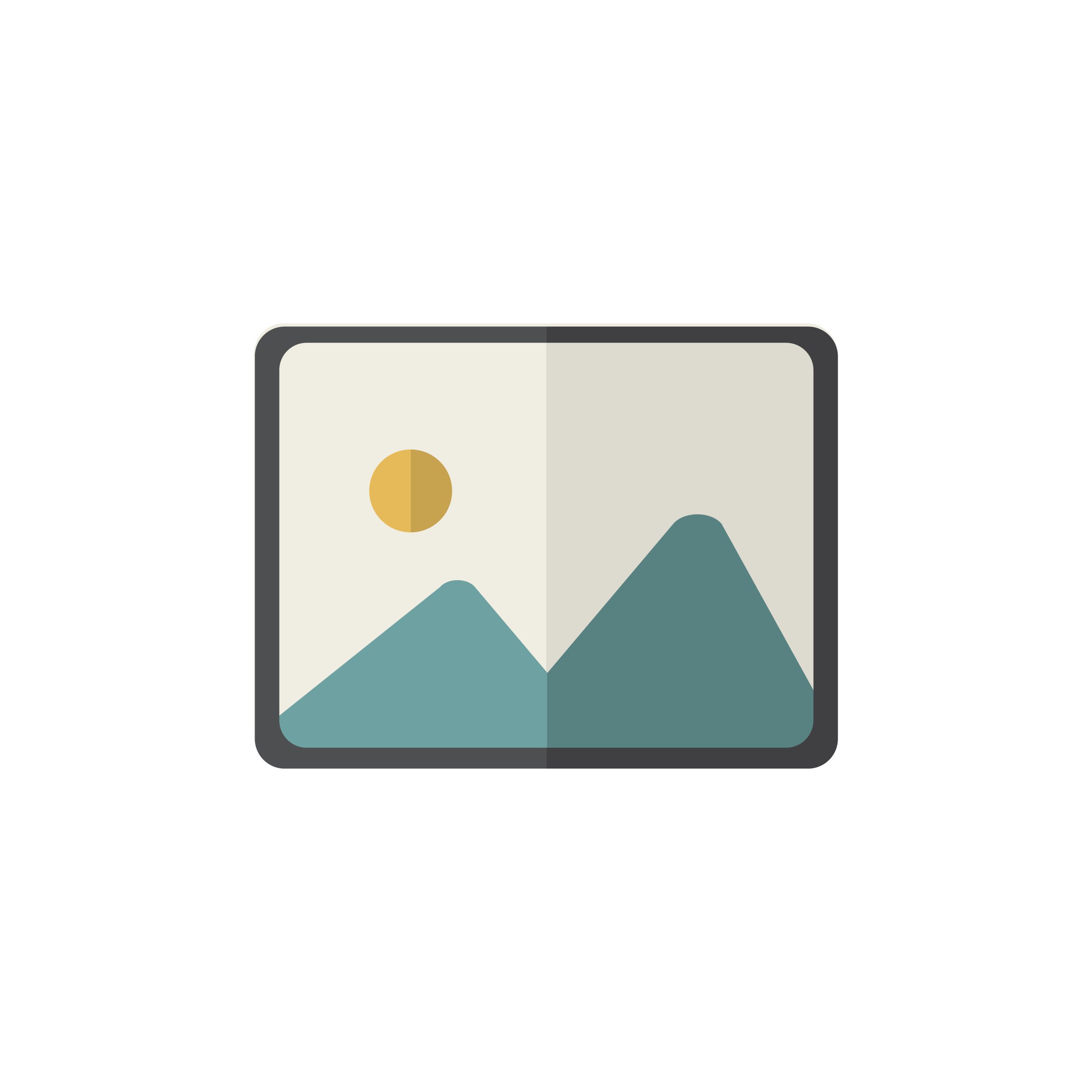 A flat photo icon with a mountain in the background.